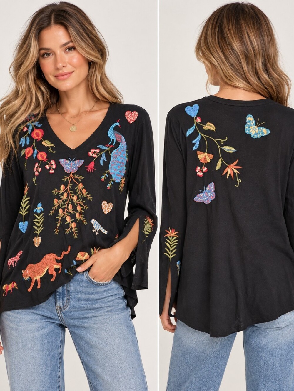Johnny Was Adela Slit Sleeve Embroidered Tee Black Size L NWT